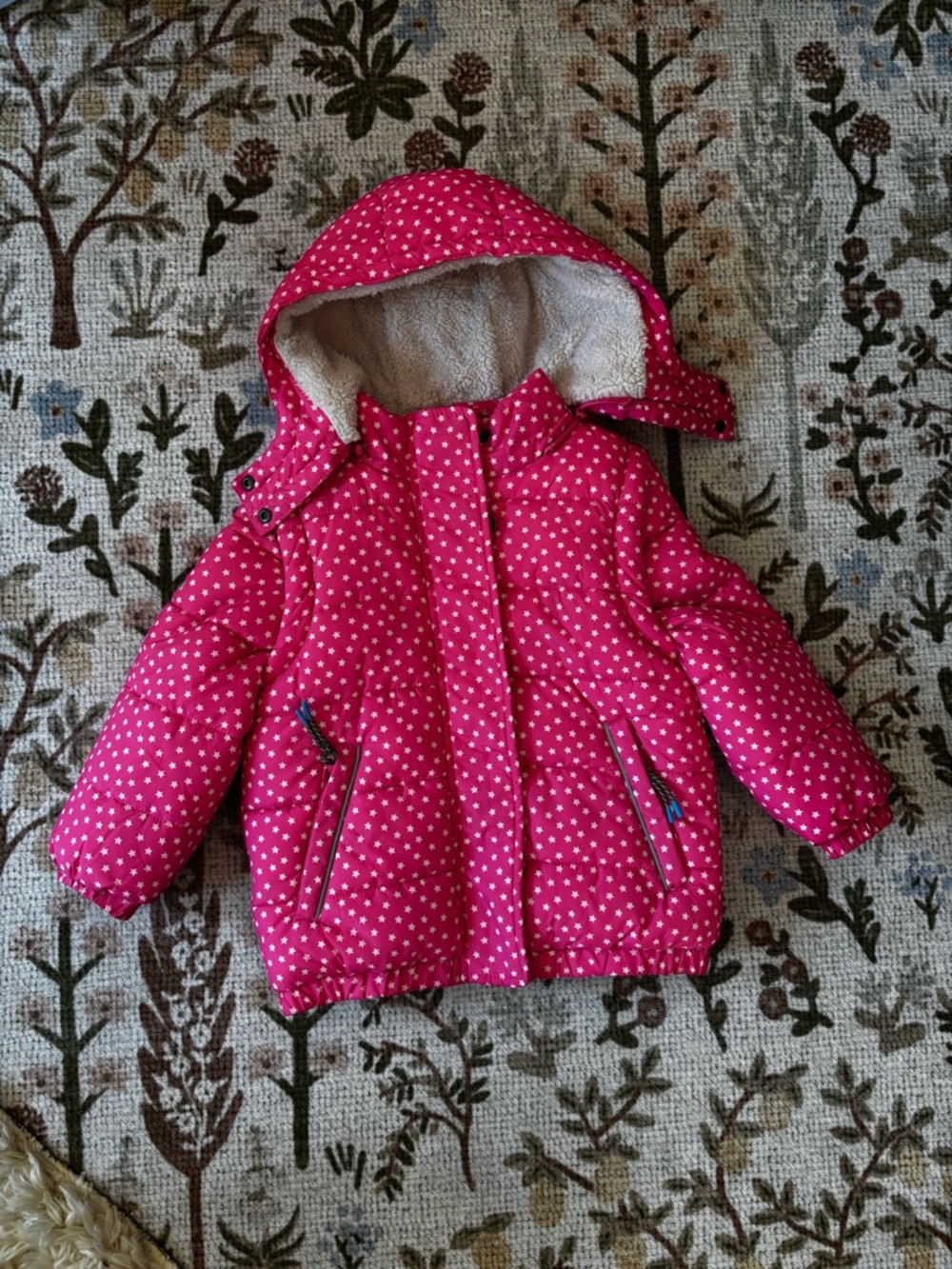 Mini Boden Pink Star Print Puffer Jacket with Detachable Hood and Sleeves